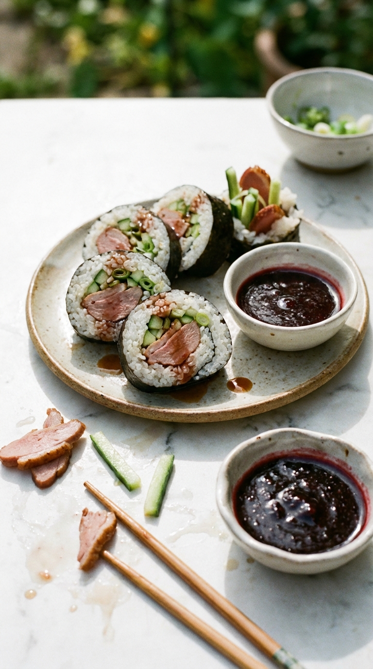 Smoked Duck Sushi Rolls with Blackberry Sauce